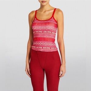 Skims Plush Pointelle Tank Red Fair Isle Winter Print Lace Trim Cami NWT Holiday
